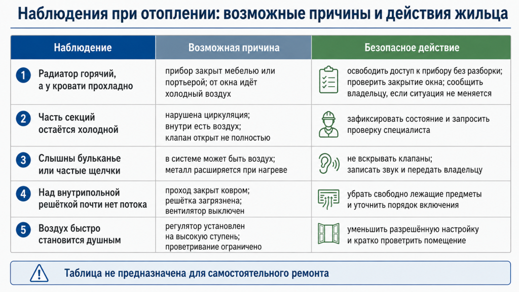 Наблюдения при отоплении: возможные причины и действия жильца