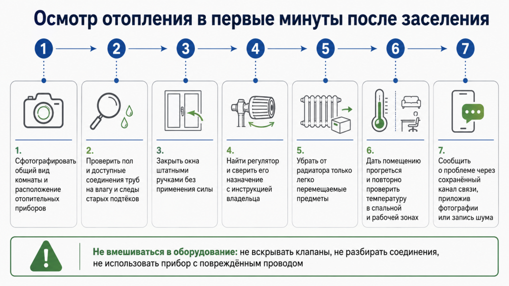 Осмотр отопления в первые минуты после заселения